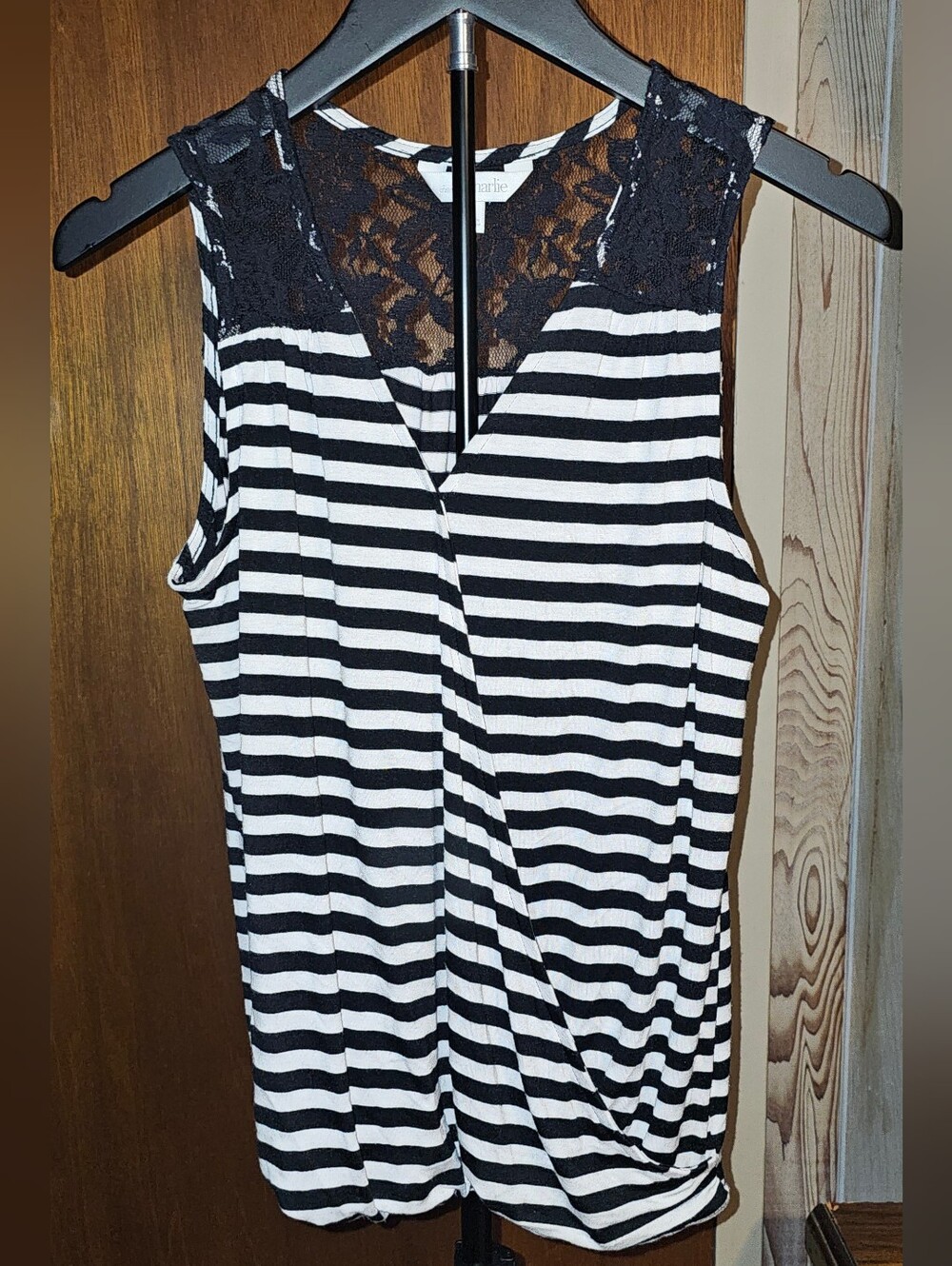 Charming Charlie Black & White Striped Lace-Yoke Tank